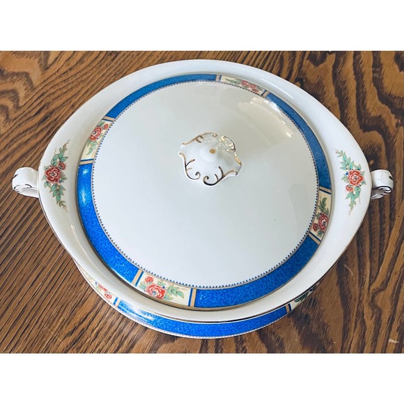 Allertons Ltd. Covered Casserole, English  Bone China, ALL5, Blue Band, Floral - Picture 2 of 10
